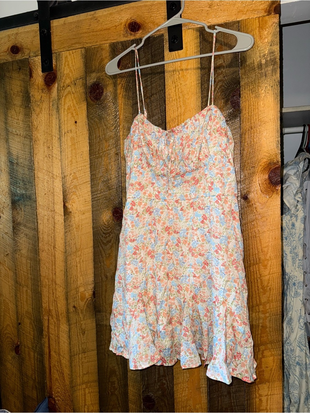 Blue Rain Floral Mini Dress in Coral, Light Blue, Cream
